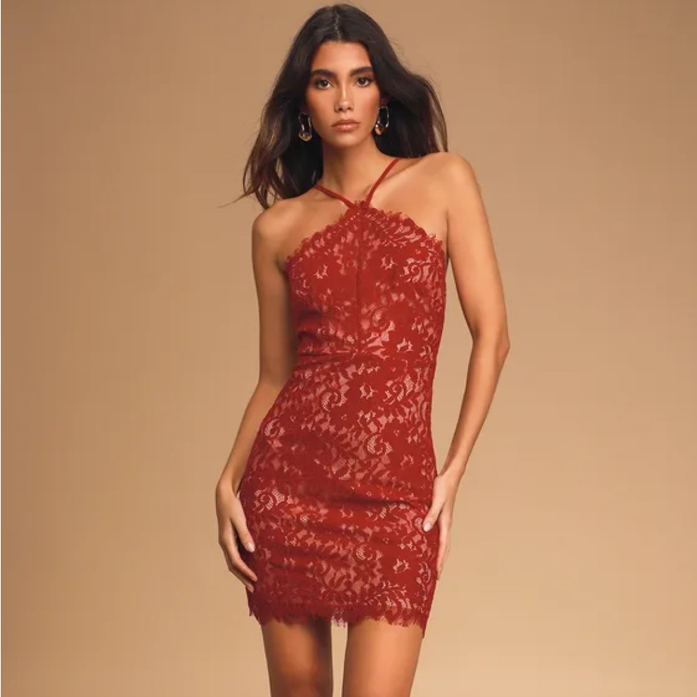 NWT Lulu’s Red Dress | “Stunning Moment Wine Red Lace Halter Bodycon Mini Dress”